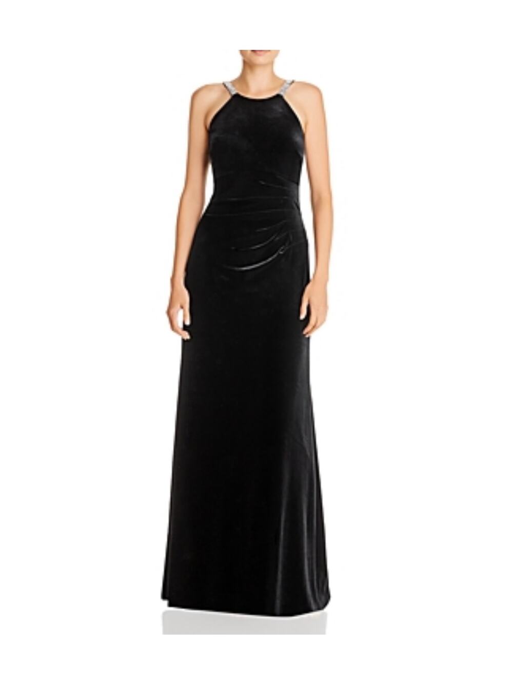 AQUA Black Evening Gown Velvet Crystal Beaded Back A-Line Formal Dress Size 6